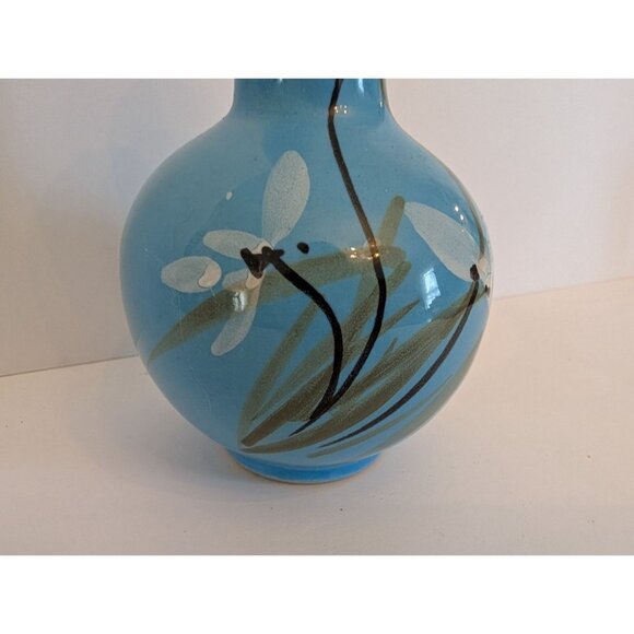 Hand-Painted Blue Ceramic Vase With Floral Design - Picture 2 of 7